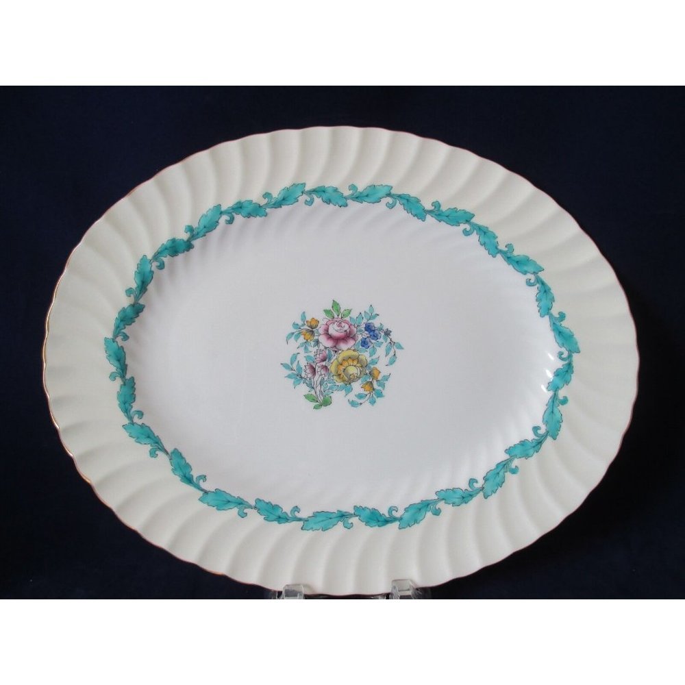 Minton Ardmore Ivory Rim Turquoise Floral Swirl Bone China 12" Platter 1939-74